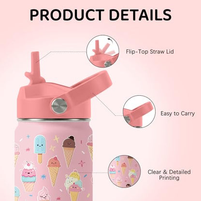 Ice Cream Pattern Water Bottle 12 oz Insulated Tumbler with Handle & Straw - Kid Friendly