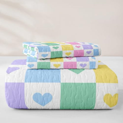 Colorful Heart Quilt Set King Size 3pcs with Pillow Shams - Geometric Patchwork