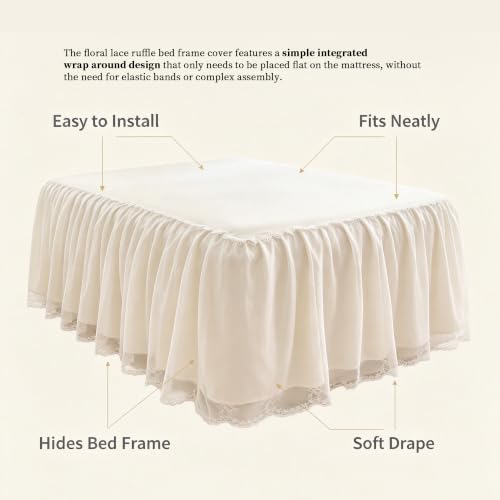 Cream White Ruffle Lace Bed Skirt for California King Bed - 17in Drop