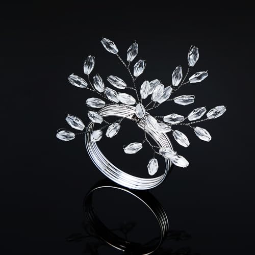 Willbond Christmas Crystal Leaf Napkin Rings Set - Silver, 12 Pieces