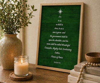 Christian Bible Verse Wall Art Framed - Isaiah 9:6 Scripture Poster 16x24 Inches Christmas Tree Variation