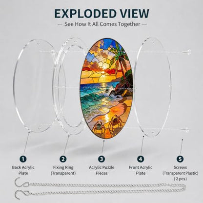 Round Acrylic Sun Catcher Puzzle 7.48 Inch with Pig Design, Style-10 - Hanging Crystal Decor