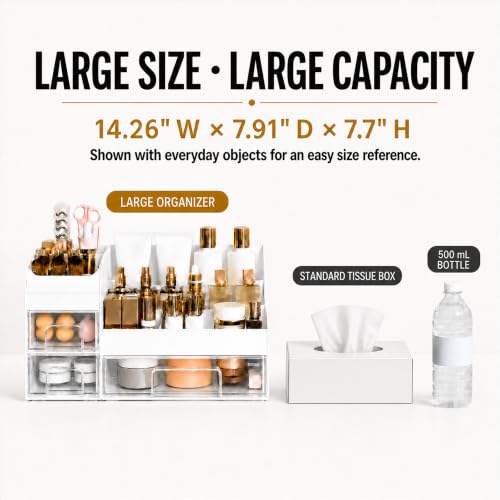 Extra Large Makeup Organizer with 3 Drawers & Brush Holder - White Clear Variation