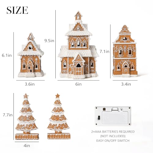 Gingerbread House Christmas Decorations - 5PCS Village Set with Trees - Classic Brown