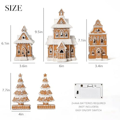 Gingerbread House Christmas Decorations - 5PCS Village Set with Trees - Classic Brown