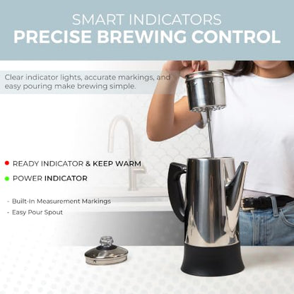 12-Cup Electric Coffee Percolator Stainless Steel Easy Use & Keep Warm