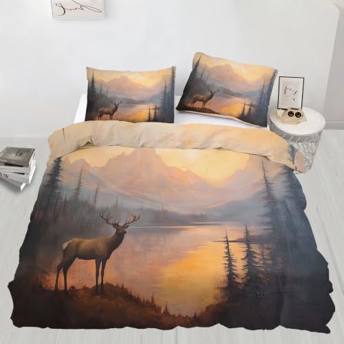 Deer Duvet Cover Queen Size - Forest Deer Bedding Set 3 Piece with Zipper Closure - Queen 90x90