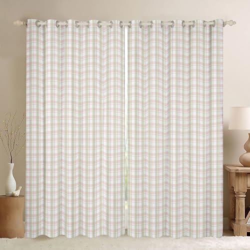 Pink Sage Gingham Blackout Curtains 76W x 45L Inch for Kids & Bedroom - White Pink Sage