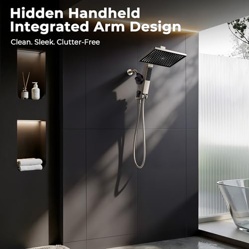 MakeFit Brushed Nickel Rain Shower Head with Handheld Filter Combo - High Pressure 12" Water Softener for Hard Water