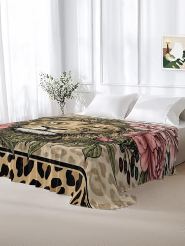 Queen Size Flat Sheet with Lion Print Microfiber Bed Sheets - Rose, Camel, Emerald, Peony / Queen