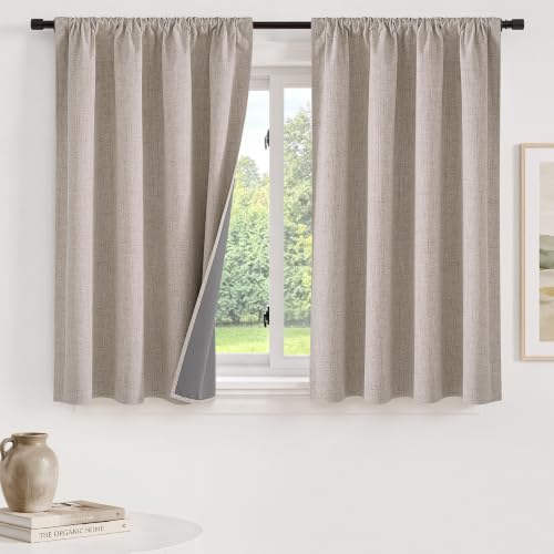 Blackout Linen Curtains 42W x 48L - 2 Panels, Rustic Farmhouse Style