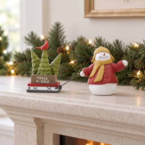 Snowman Christmas Figurine Pulling Tree Sled - 6.1 Inch Holiday Decor