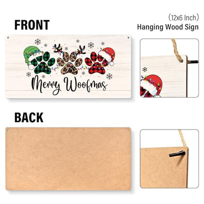 Merry Woofmas Dog Paws Christmas Door Sign Outdoor Wall Decor - Dog Lover Gift