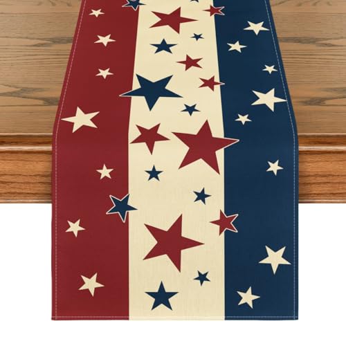 Stars and Stripes 4th of July Table Runner - Red, Beige, Blue, 13x48 Inch Patriotic Home Decor