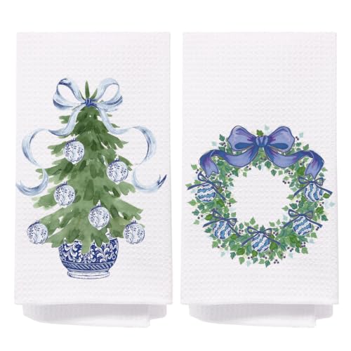 Christmas Blue Chinoiserie Kitchen Towels Set of 2 - Holiday Dish & Hand Towels