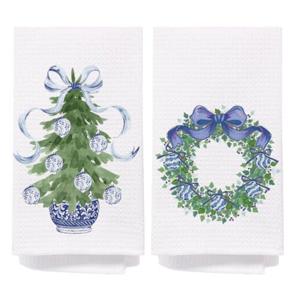 Christmas Blue Chinoiserie Kitchen Towels Set of 2 - Holiday Dish & Hand Towels