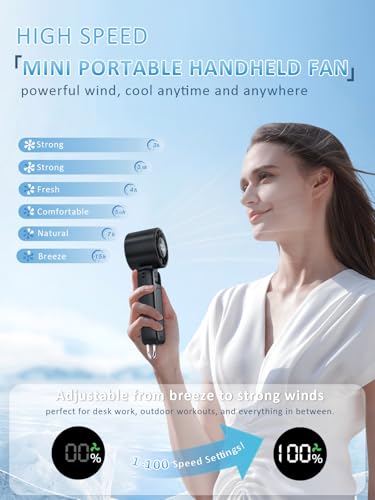 Black Portable Handheld Fan with 100 Speeds, 5000mAh Rechargeable Mini Personal Fan with LED Display and Foldable Design