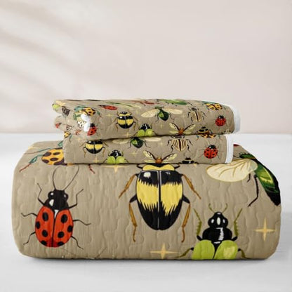 Castle Fairy Reptile Quilt Set Queen Size with Ladybug Pattern - Green Beige