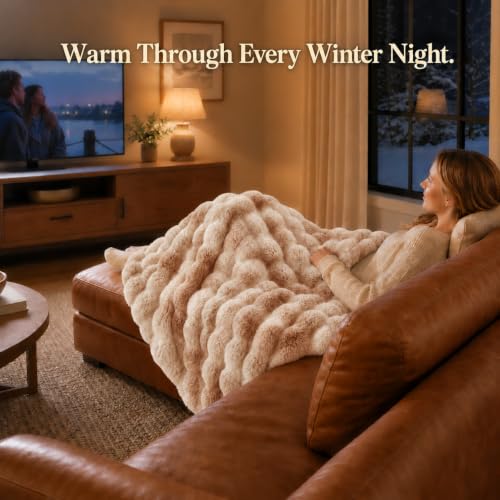 Electric Heated Faux Rabbit Fur Bubble Throw Blanket - Beige Tie-Dye 50x60"