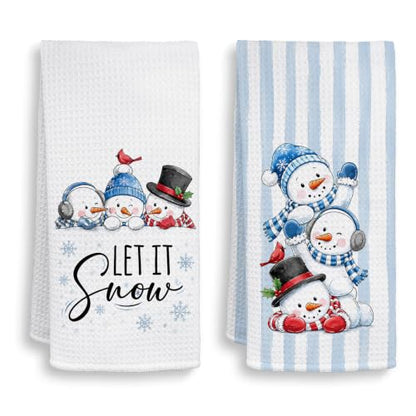 Let It Snow Winter Snowman Kitchen Towels Set of 2 - 16x24 Inches, Decorative Waffle Style, Absorbent, Holiday Gift