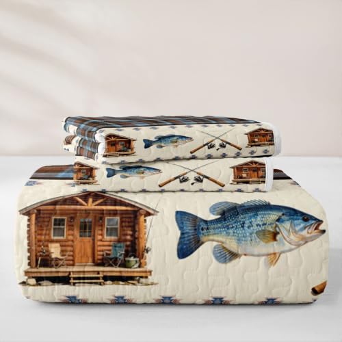 Gone Fishing King Size Quilt Set Brown Blue - All-Season Bedspread & Pillowcases