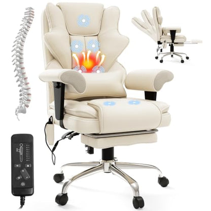 Executive Heated Massage Office Chair with Footrest - Beige