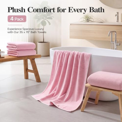 Pink Microfiber Bath Towels Set of 4 - Extra Large 35 x 70 Inches