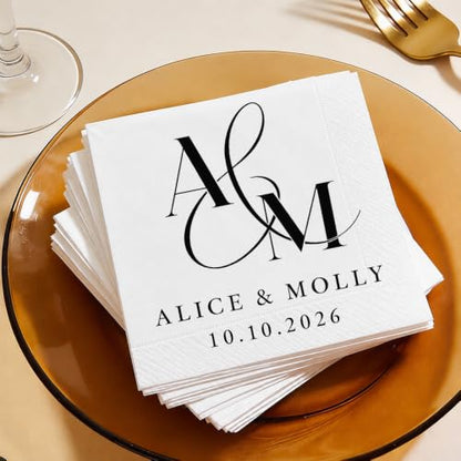 Personalized Wedding Cocktail Napkins Design 8 - Custom Couple Name & Date, Pack 50-500