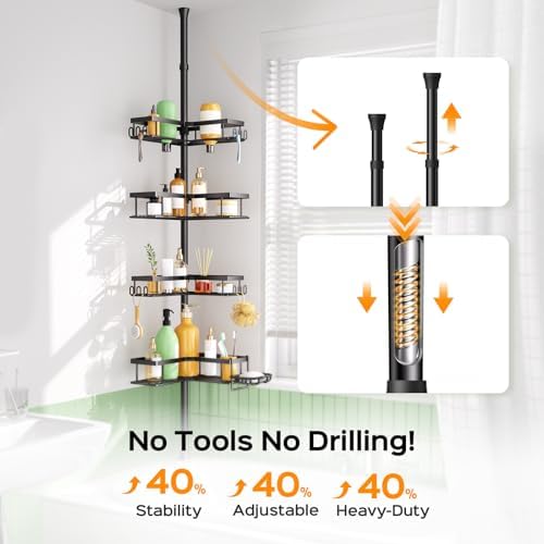 HAMITOR Shower Caddy - 4-Tier Rustproof Bathroom Organizer with Soap Holder & Hooks | Adjustable No-Drill Design - 47-123 Inch Black