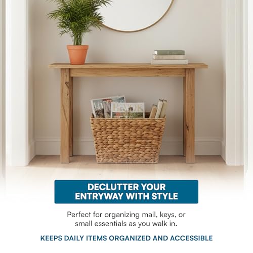 Water Hyacinth Woven Storage Basket for Magazines and Laundry - Natural, 15.5"L x 5.3"W x 10"H - Slim Tapered Design with Iron Frame