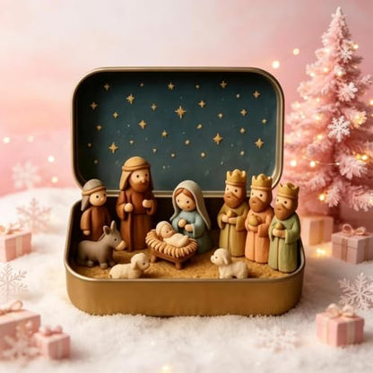 Mini Nativity Scene Set in Tin Box - Handcrafted Holy Family Figurines - Portable Christmas Decor - Variation #a