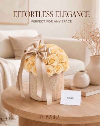 Golden Champagne Preserved Roses in Natural Yellow Travertine Vase - Gift Box