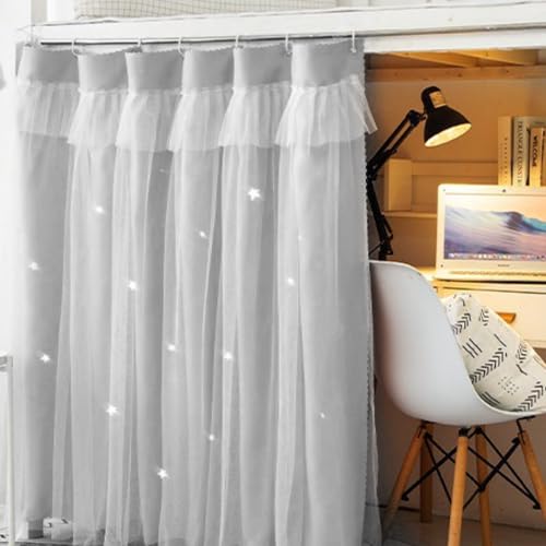 Gray Blackout Bunk Bed Curtains with Lace Trim for Privacy & Dorm Room