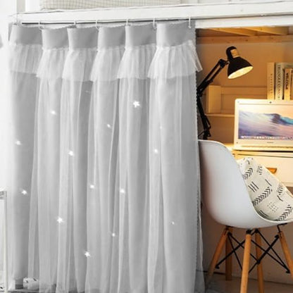 Gray Blackout Bunk Bed Curtains with Lace Trim for Privacy & Dorm Room