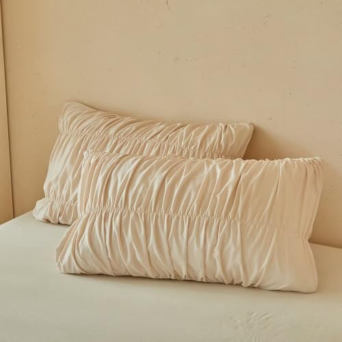 Full Size Khaki Gathered Ruffled Bedding Set Duvet Cover for Teen - Elegant Farmhouse Style