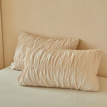 Full Size Khaki Gathered Ruffled Bedding Set Duvet Cover for Teen - Elegant Farmhouse Style
