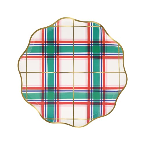 Christmas Party Plates with Tartan Pattern - Pack of 8, Wavy Edge, Gold Foil Accents