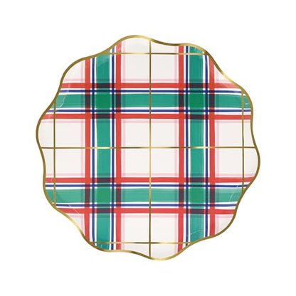 Christmas Party Plates with Tartan Pattern - Pack of 8, Wavy Edge, Gold Foil Accents