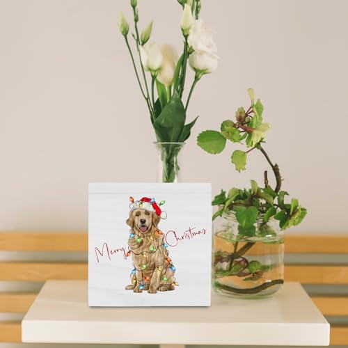 Christmas Golden Retriever Dog Wood Box Sign - Holiday Home Decor, 5x5 Inch