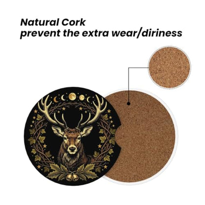 RIWOBI Deer Moon Car Coasters for Cup Holders - Blue Absorbent Ceramic Set