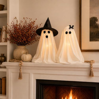 Halloween Ghost Decorations Light-Up Ghosts with Witch Hats Indoor Set