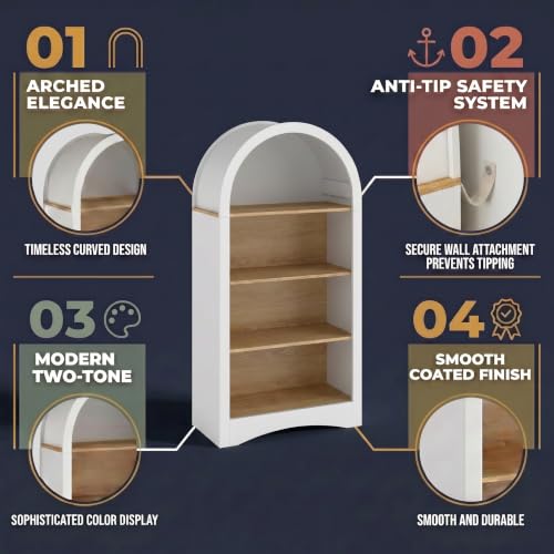 White Natural Particle Board MDF 4-Tier Corner Storage Shelves - Arched Wall Bookshelf