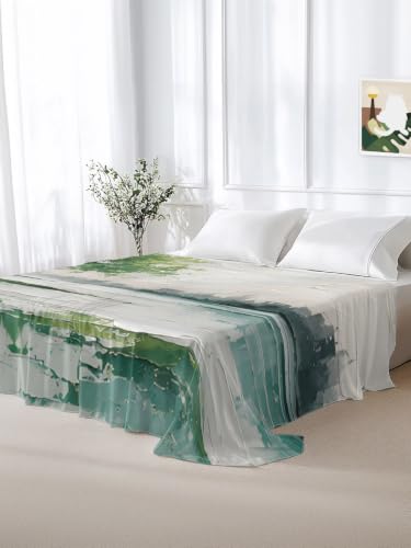 Queen Flat Sheet - Green Forest Tree Mountain Pastoral Landscape Microfiber Bedding, Sage Green, Queen Size