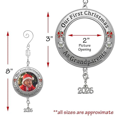 Medium Set of 2 Christmas Photo Ornaments - Our First Grandparents 2026 with Red Bow & Lamb Accents