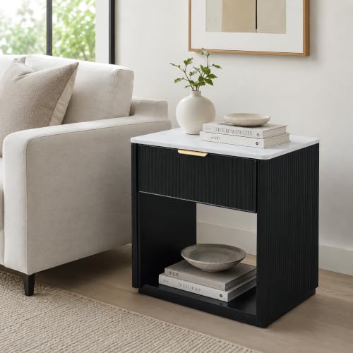 23.1-Inch Wide Fluted Nightstand with Drawer & Open Shelf, Black Finish