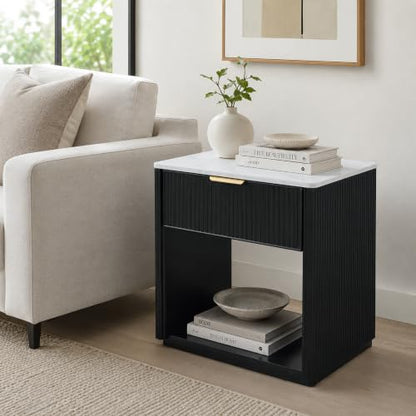 23.1-Inch Wide Fluted Nightstand with Drawer & Open Shelf, Black Finish