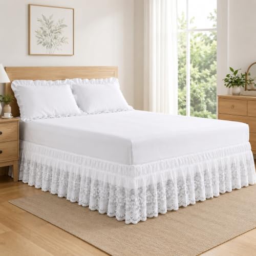 Off-White Lace Bed Skirt with Elastic Edge - 15 Inch Drop Ruffled Dust Ruffle - Princess Style