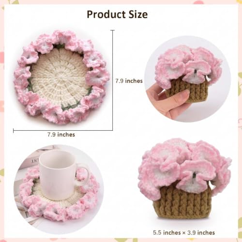 Pink Carnations Crochet Coaster Set - Potted Flower Decor, Handmade