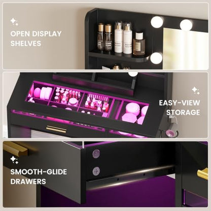 35.4 Inch Makeup Vanity Desk with Mirror, Lights & Glass Top – Black