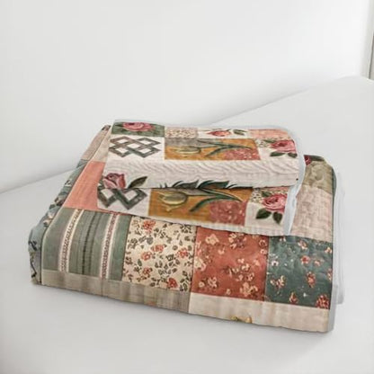 Queen Size Patchwork Peacock Bedspread Coverlet Set - 3 Pieces, Pink Roses & Floral Quilt with Pillow Shams, Green Metallic Tail Design, Garden Room Decor